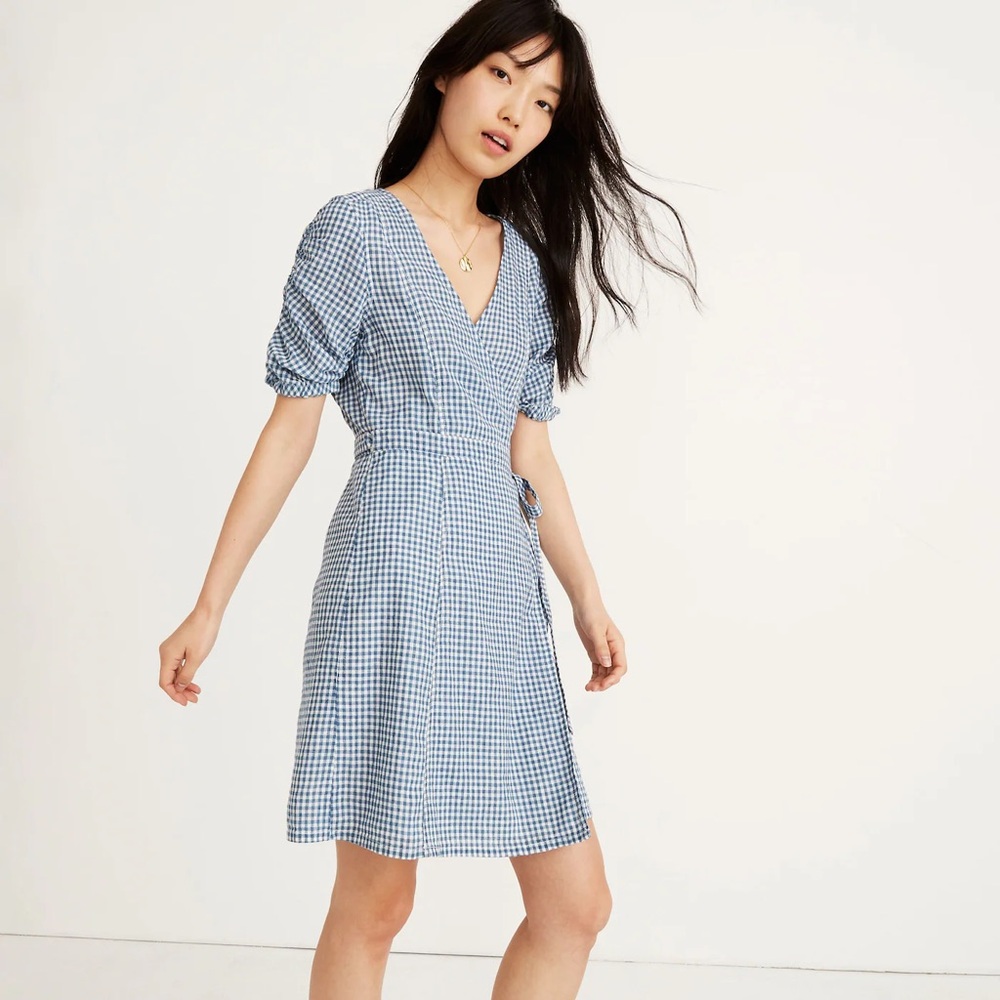 NWT Madewell Gingham Shirred-Sleeve Wrap Dress